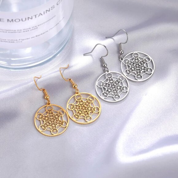 Gold Stainless Steel Metatron’s Cube Earrings with Sacred Geometry Design for Wo - Picture 5 of 8